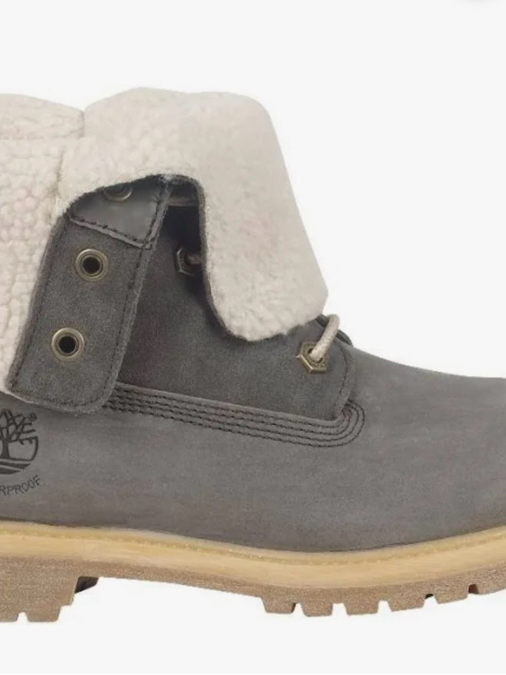 Timberland Grey Suede Fold-Over Shearling Ankle Boot with Tan Sole